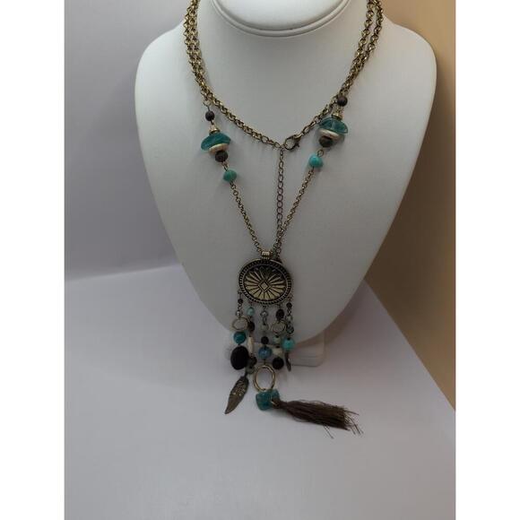 Vintage 1946 Turquoise Fringe Tassel Fabric Charm Beaded Necklace - Picture 5 of 5
